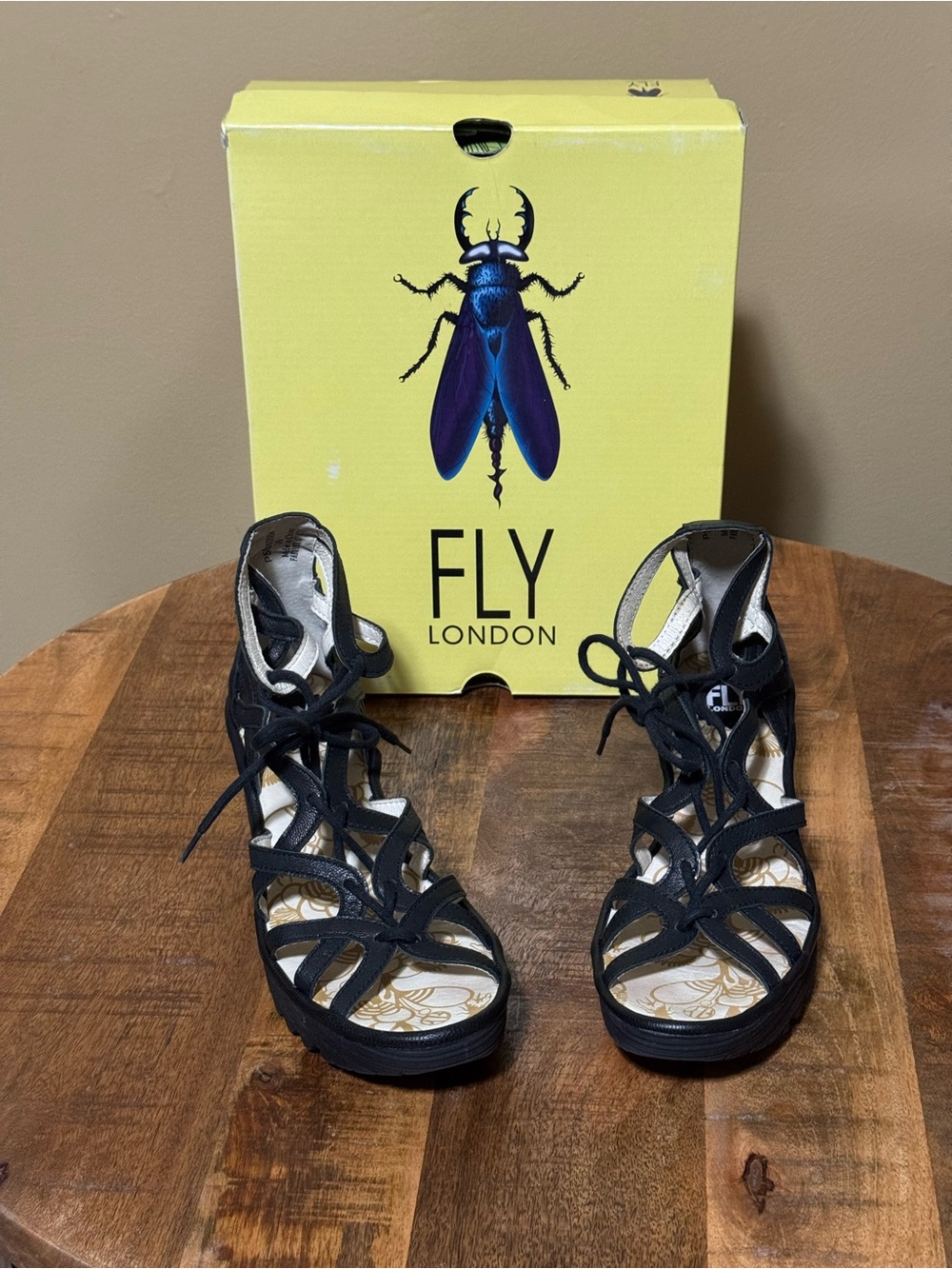 Fly London Black Lace-Up Cutout Wedge Sandals